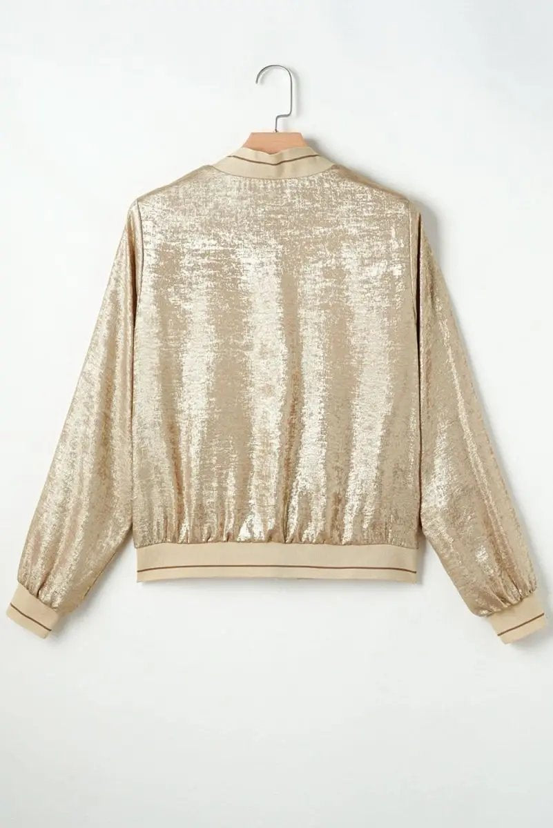 Pale Khaki Metallic Zip up Baseball Jacket - Love Salve